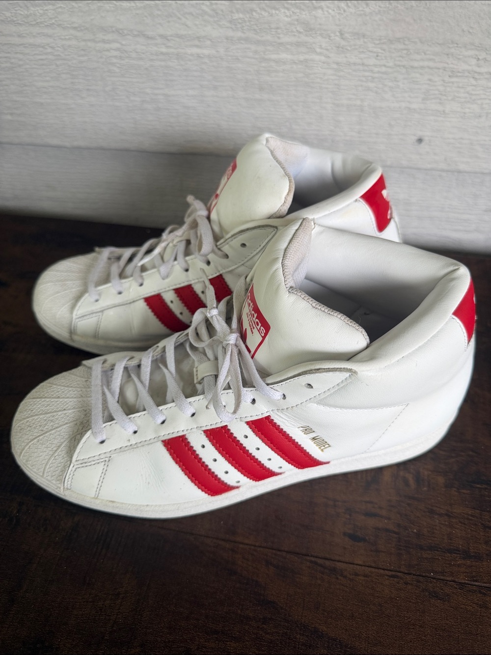 adidas White and Red Mid-Top Sneakers with Shell Toe